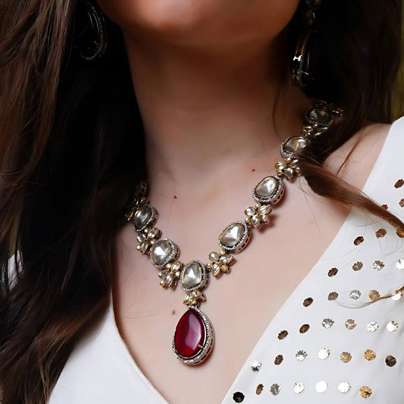 Two Tone Finish Kundan Polki & Red Stone Necklace with Earrings Set