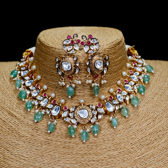 Mint Green Gold Polish Kundan Polki & Ruby Stone Necklace with Earrings Set