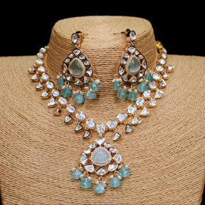 Blue Pendant and Gold Polish Finish Kundan Polki Long Necklace with Earrings Set