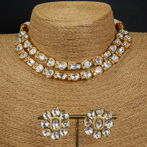 Double Line Kundan Diamond Gold Necklace Set with Earrings