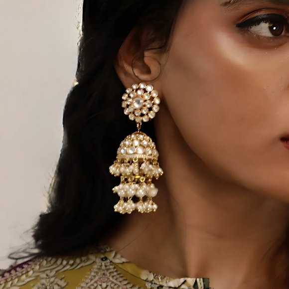 Matte Gold Kundan Jhumka Earrings