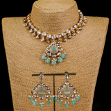 Blue Pendant and Gold Polish Finish Kundan Polki Long Necklace with Earrings Set