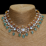 Mint Green Gold Polish Kundan Polki & Ruby Stone Necklace with Earrings Set