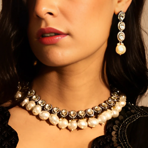 Silver Victorian Kundan Necklace with Baroques Pearls and Earrings Set