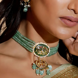 Gold Finish Kundan Polki & Light Green Beaded Choker Necklace with Earrings Set