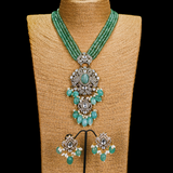 Long Zircon and Kundan Necklace in Sea Green Beads Necklace with Earrings Set