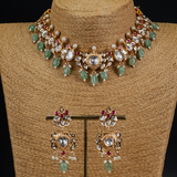 Mint Green Gold Polish Kundan Polki & Ruby Stone Necklace with Earrings Set