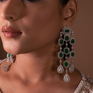 Emerald Silver Diamond Chandelier Earrings