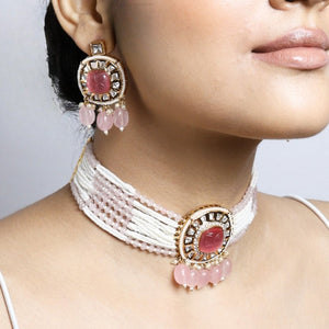 Coral Kundan Pearl Choker with Earrings Set