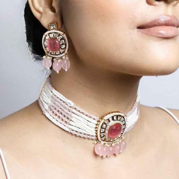 Coral Kundan Pearl Choker with Earrings Set