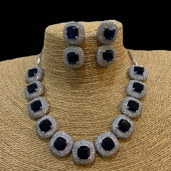 Cubic Sapphire Diamond Necklace with Earrings Set