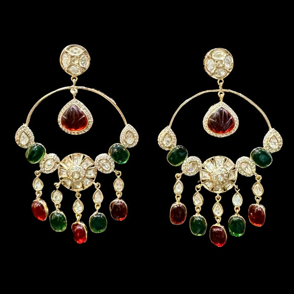 Red and Green Stones Kundan Earrings