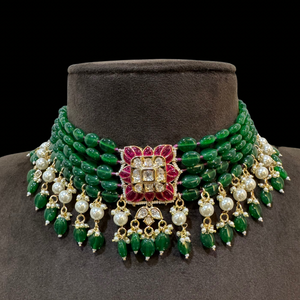 Kundan Choker and strings of Emerald beads with Earrings Set