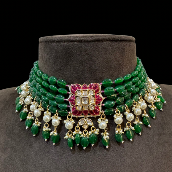 Kundan Choker and strings of Emerald beads with Earrings Set