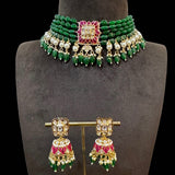 Kundan Choker and strings of Emerald beads with Earrings Set