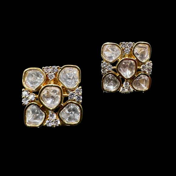 Square Kundan and Diamond Stud Earrings