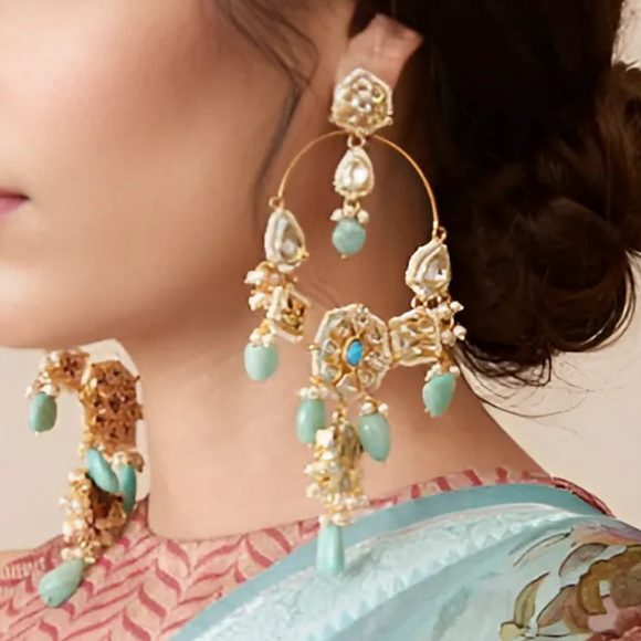 Aqua Marine Stones Kundan Earrings