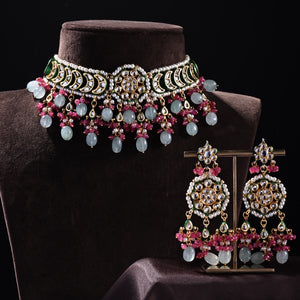 Kundan Choker with Aqua Quartz drops with Earrings Set