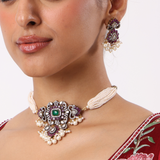 Ruby Emerald Stones in Zircon Kundan Chokar with Earrings Set