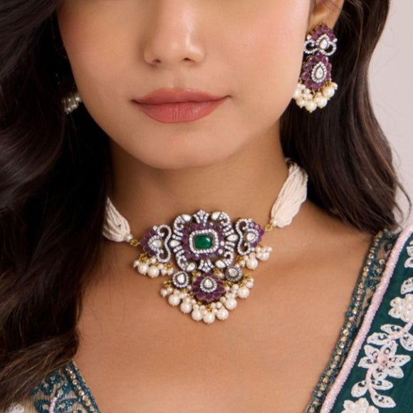 Ruby Emerald Stones in Zircon Kundan Chokar with Earrings Set