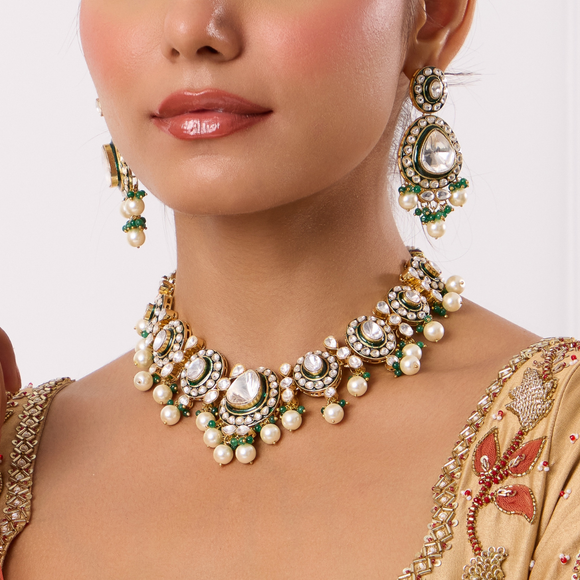 Gold Finish Kundan Polki & Pearl Choker Necklace with Earrings and Tikka Set