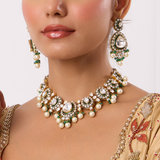 Gold Finish Kundan Polki & Pearl Choker Necklace with Earrings and Tikka Set